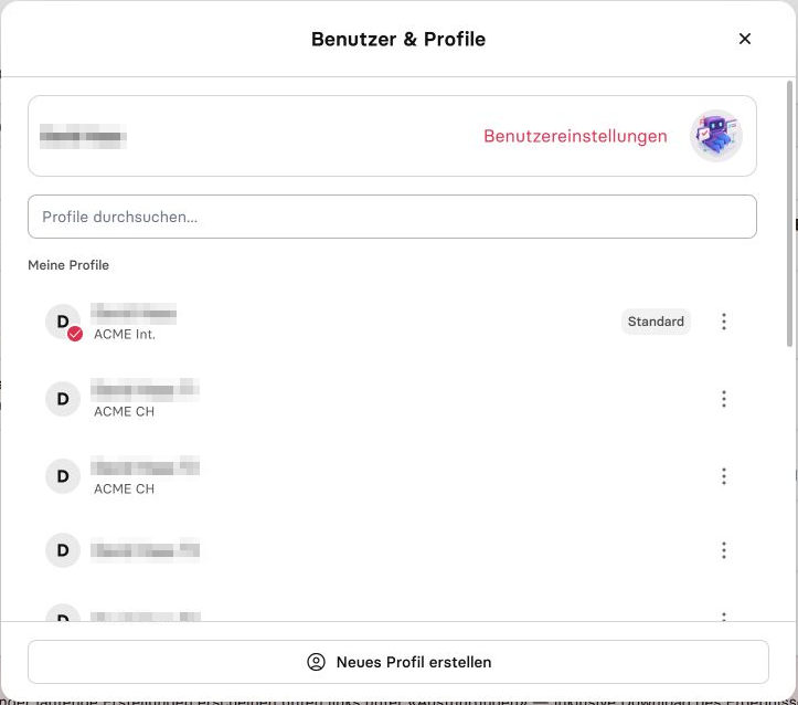 Profile panel with search, profile options and create-profile button, shown in German with personal details pixelated