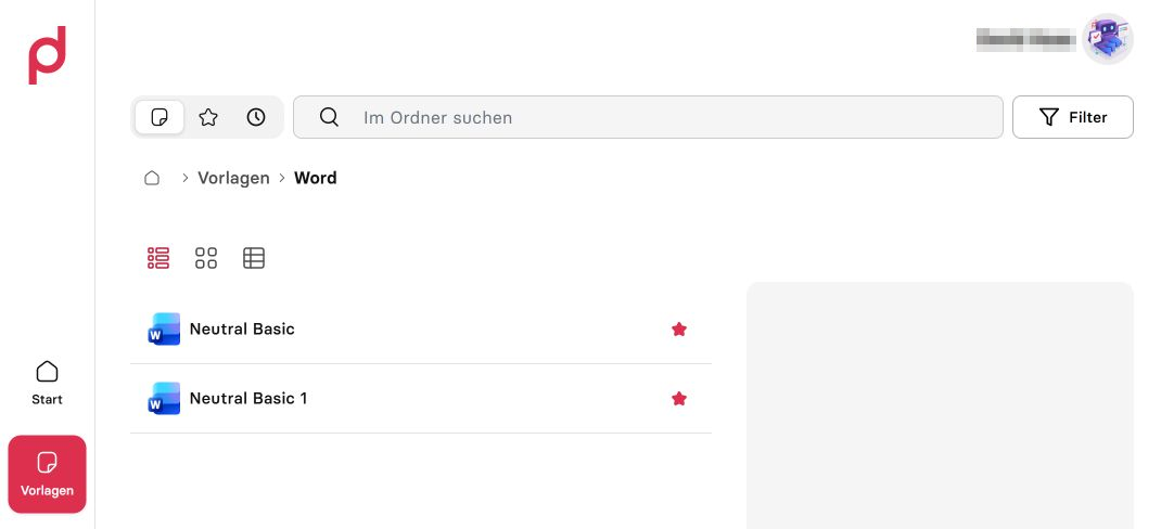 Template overview with search, navigation path and view controls, shown in German