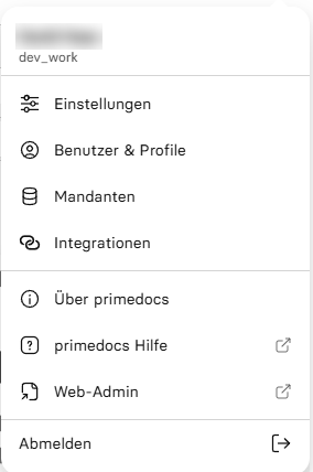 User menu with settings, profiles, tenants, integrations and help