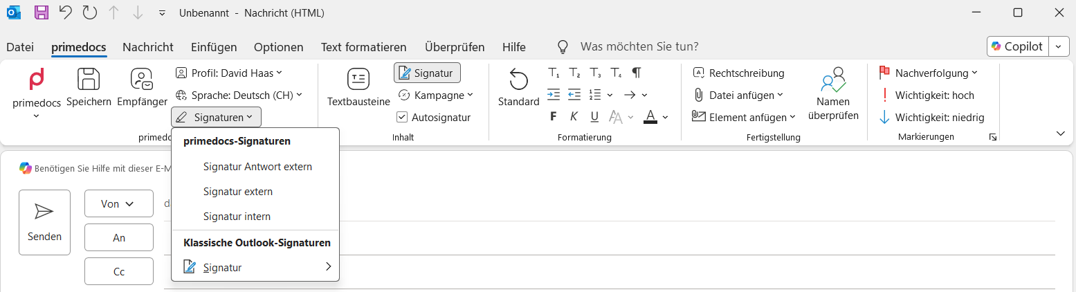 The 'Signatures' menu with primedocs signatures (internal, external, external reply) and classic Outlook signatures