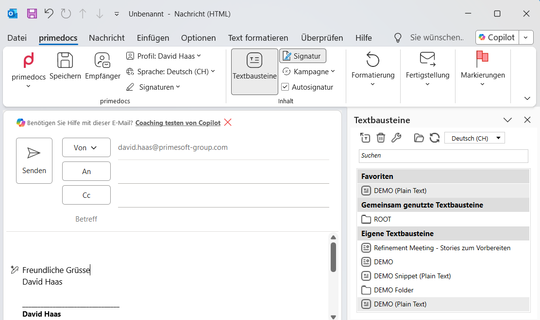 Snippet side panel in Outlook with favourites, shared and custom snippets