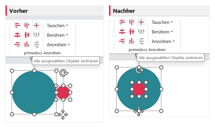 Vorher/Nachher: «Zentriert anordnen» legt die Objekte deckungsgleich übereinander