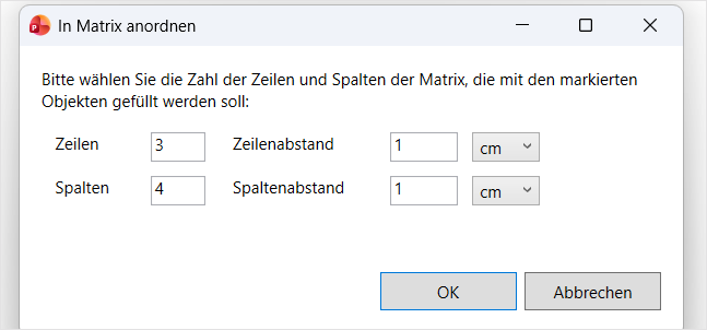 The 'Arrange in matrix' dialog with fields for rows, columns and spacing