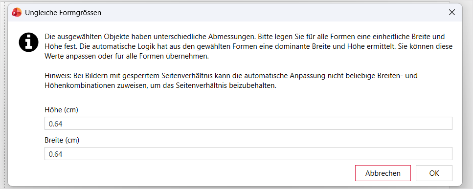 The 'Unequal shape sizes' dialog with a suggested uniform height and width