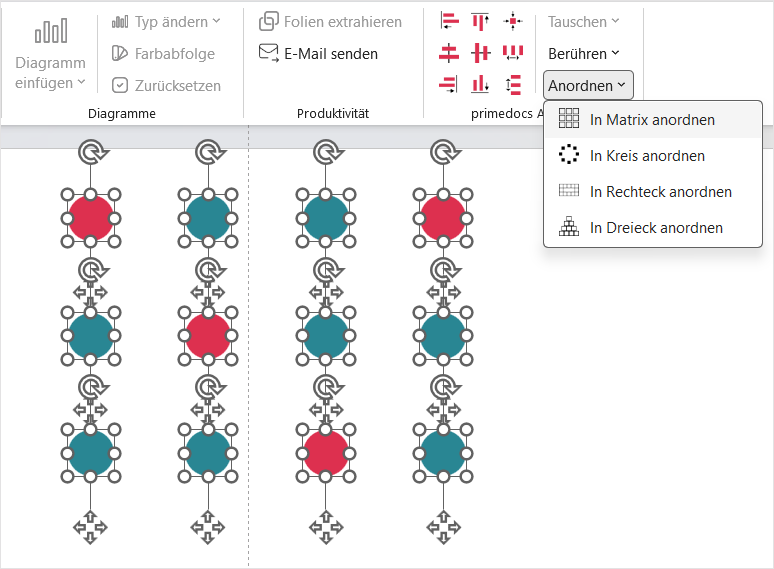 The 'Arrange' menu with the entries 'Arrange in matrix', 'Arrange in circle', 'Arrange in rectangle' and 'Arrange in triangle'