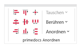 The 'primedocs Arrange' group in the PowerPoint ribbon with the alignment icons and the 'Swap', 'Touch' and 'Arrange' menus