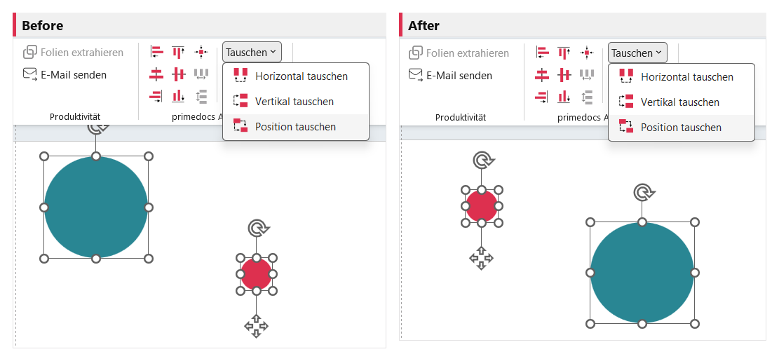 Before/after: 'Swap positions' exchanges the positions of two objects