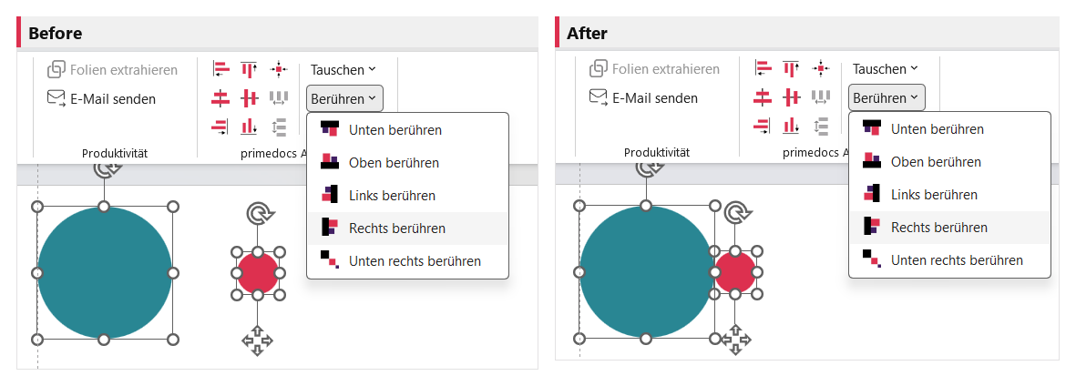 Before/after: 'Touch right' moves the object flush against the right edge of the reference object
