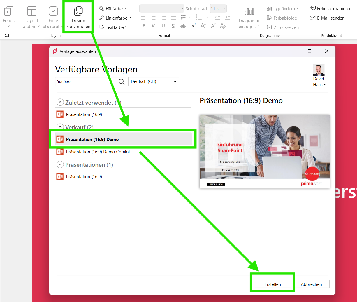 The 'Design Conversion' button and the 'Select template' dialog with available templates, a preview and the 'Create' button