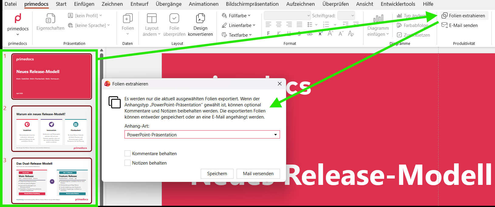 The 'Extract slides' dialog; the green arrow shows the link to the 'Extract slides' button at the top right
