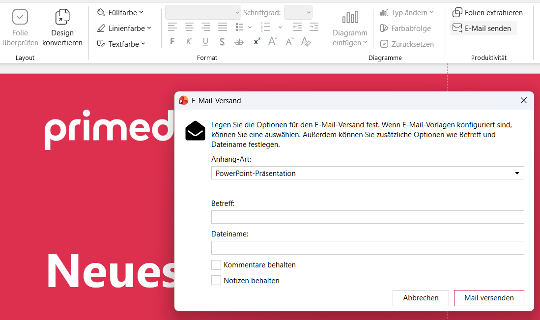 The 'Send mail' dialog with attachment type, subject and file name