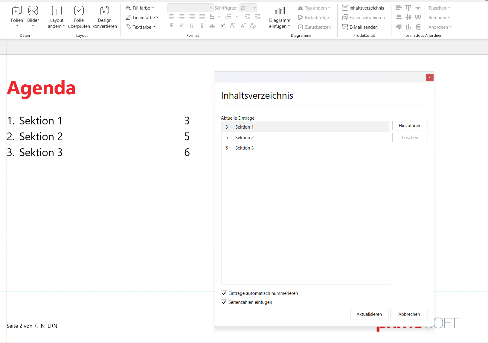 Generated agenda slide with numbered entries and slide numbers next to the 'Table of Contents' dialog