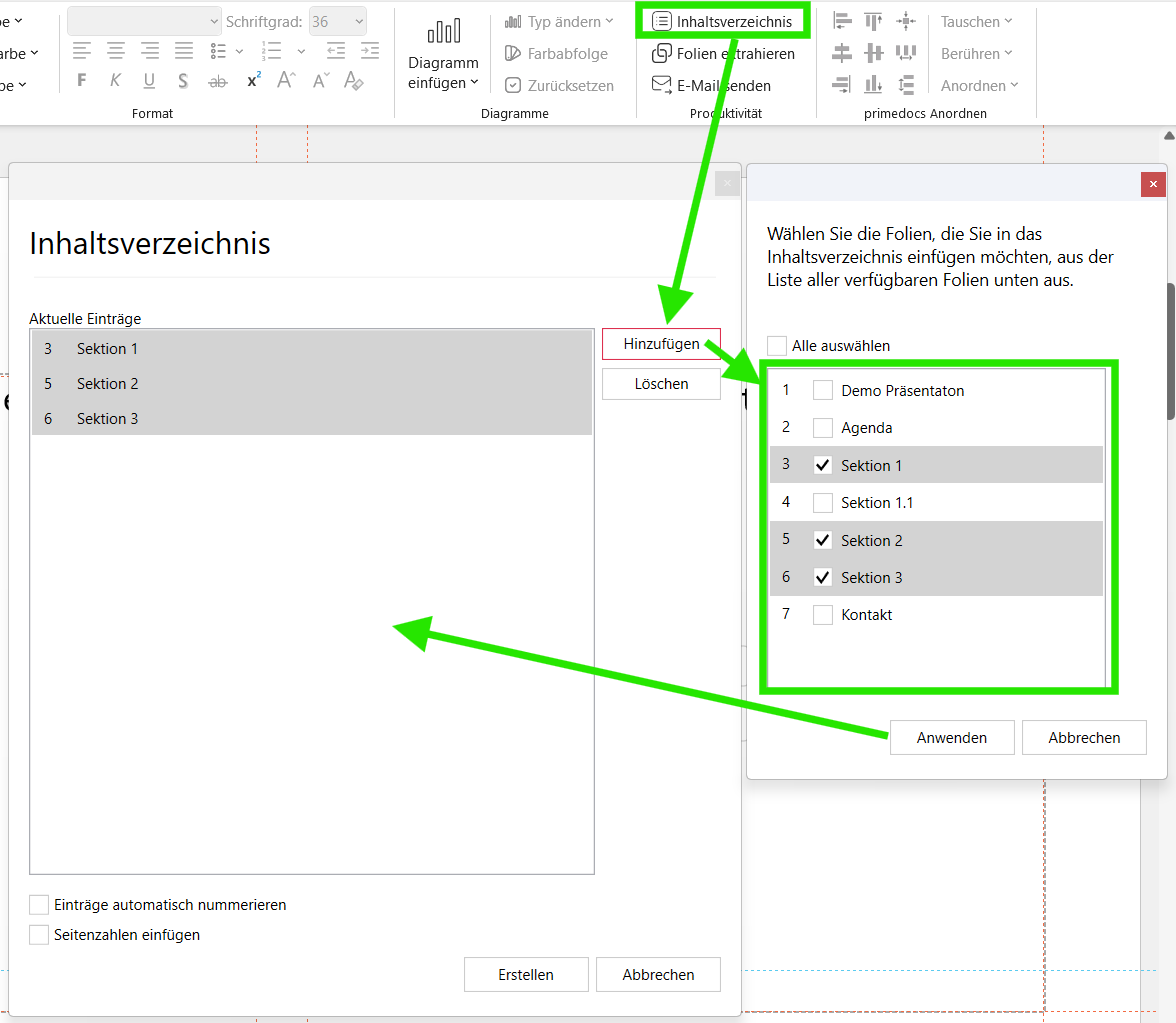 The 'Table of Contents' dialog: use 'Add' to pick the slides on the right and confirm with 'Apply'