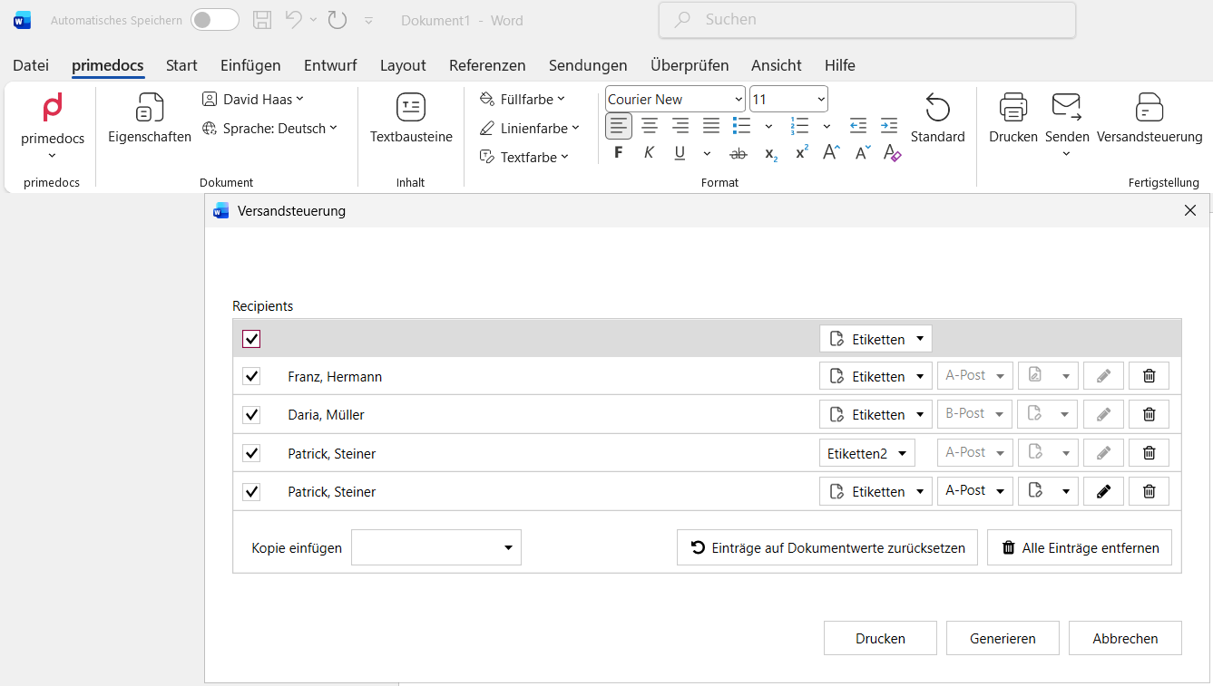 The 'Dispatch control' dialog with a recipient list, labels, dispatch type and the 'Print' and 'Generate' buttons