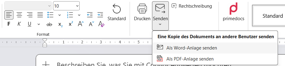 The 'Send' menu with 'E-mail as Word Attachment' and 'E-mail as PDF Attachment'